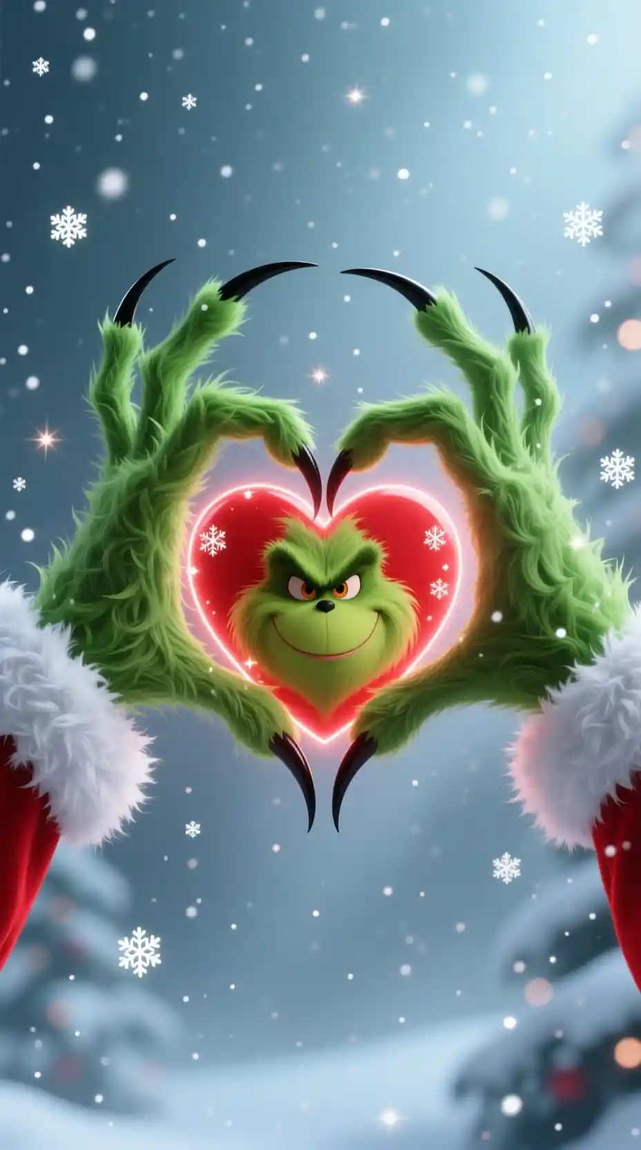 Mani pelose di un mostro verde che formano una cornice a cuore luminosa