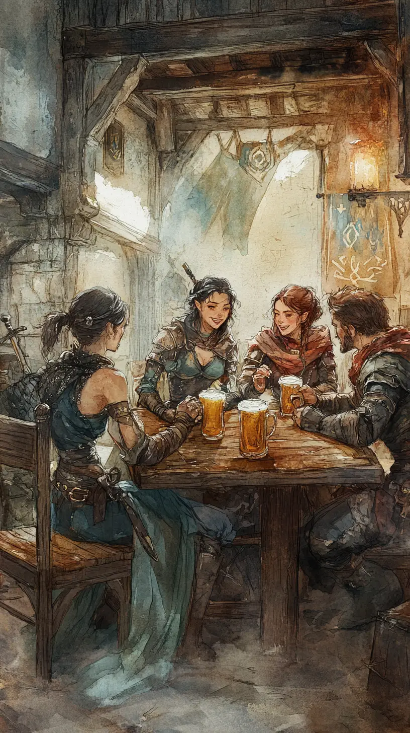 Adventuring companions sharing food and ale in a medieval tavern