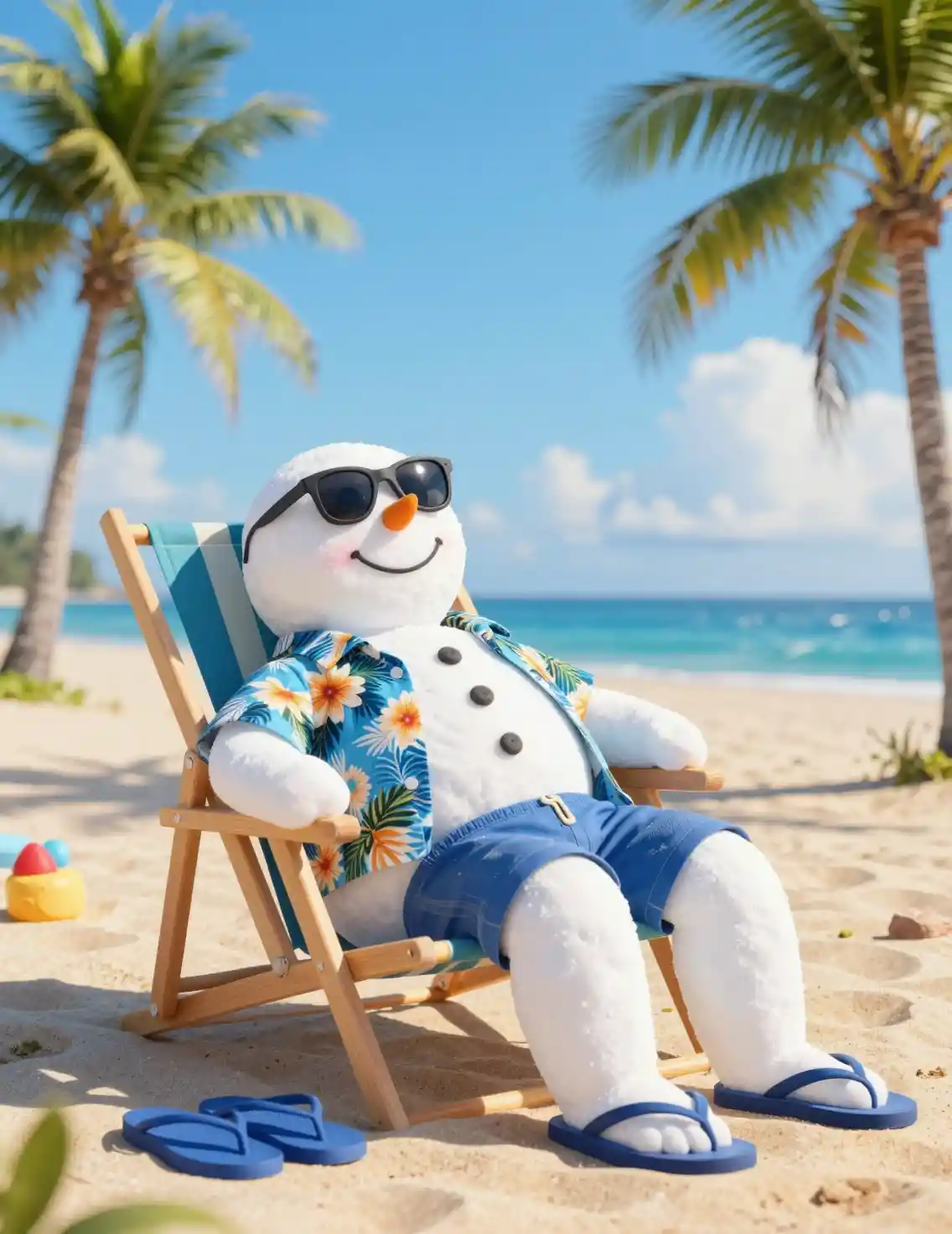 Snowman Relaxing On A Beach Chair In Tropical Sunshine