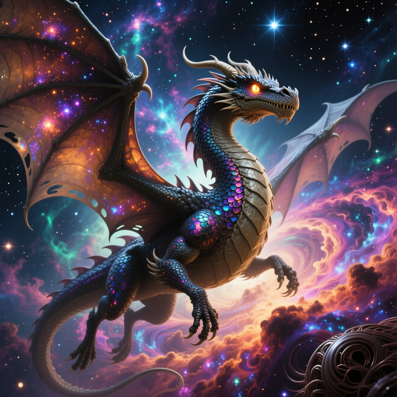 Antico drago che sorvola una vibrante nebulosa cosmica