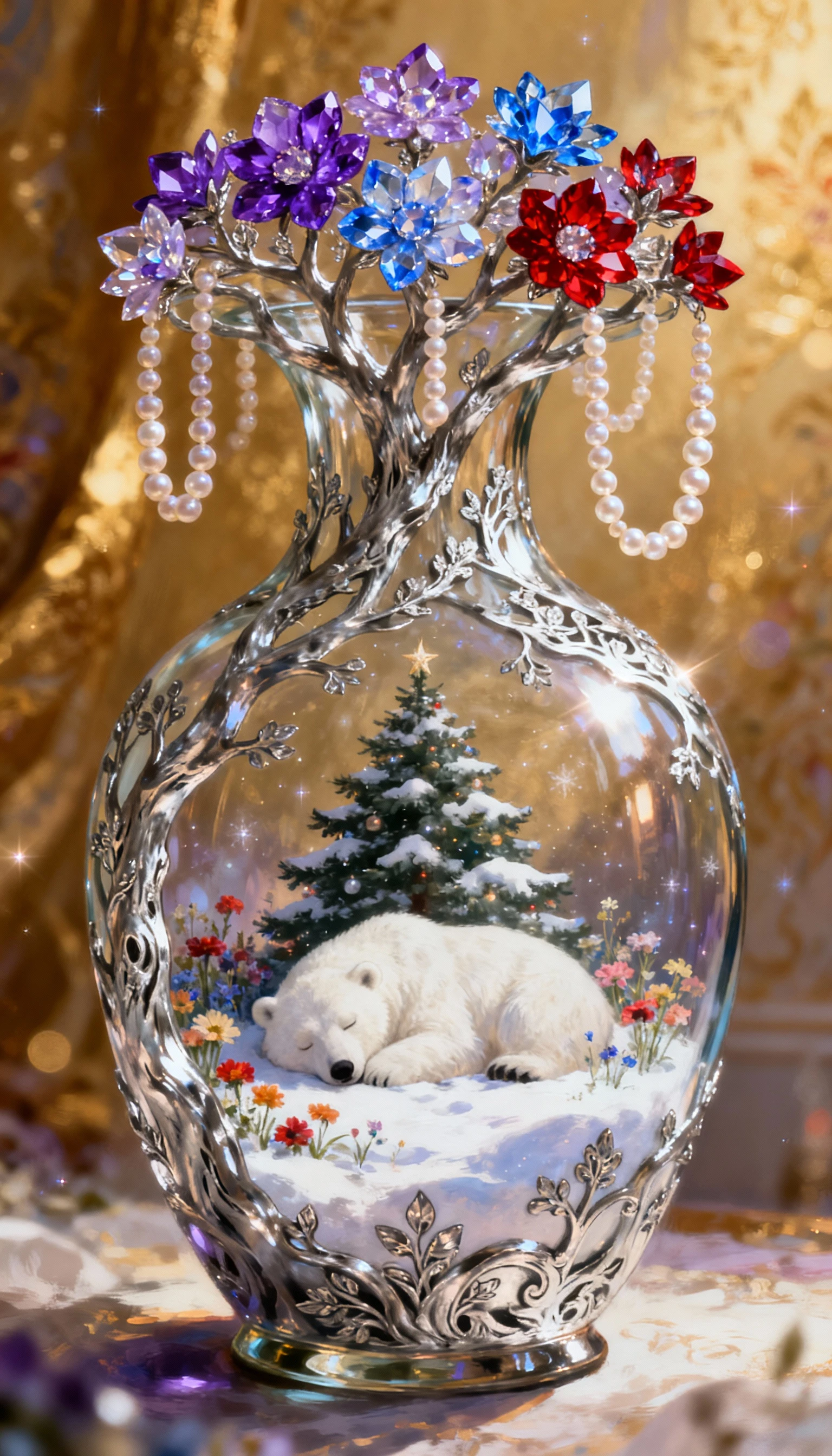 Ornate glass vase with silver tree and crystal flowers