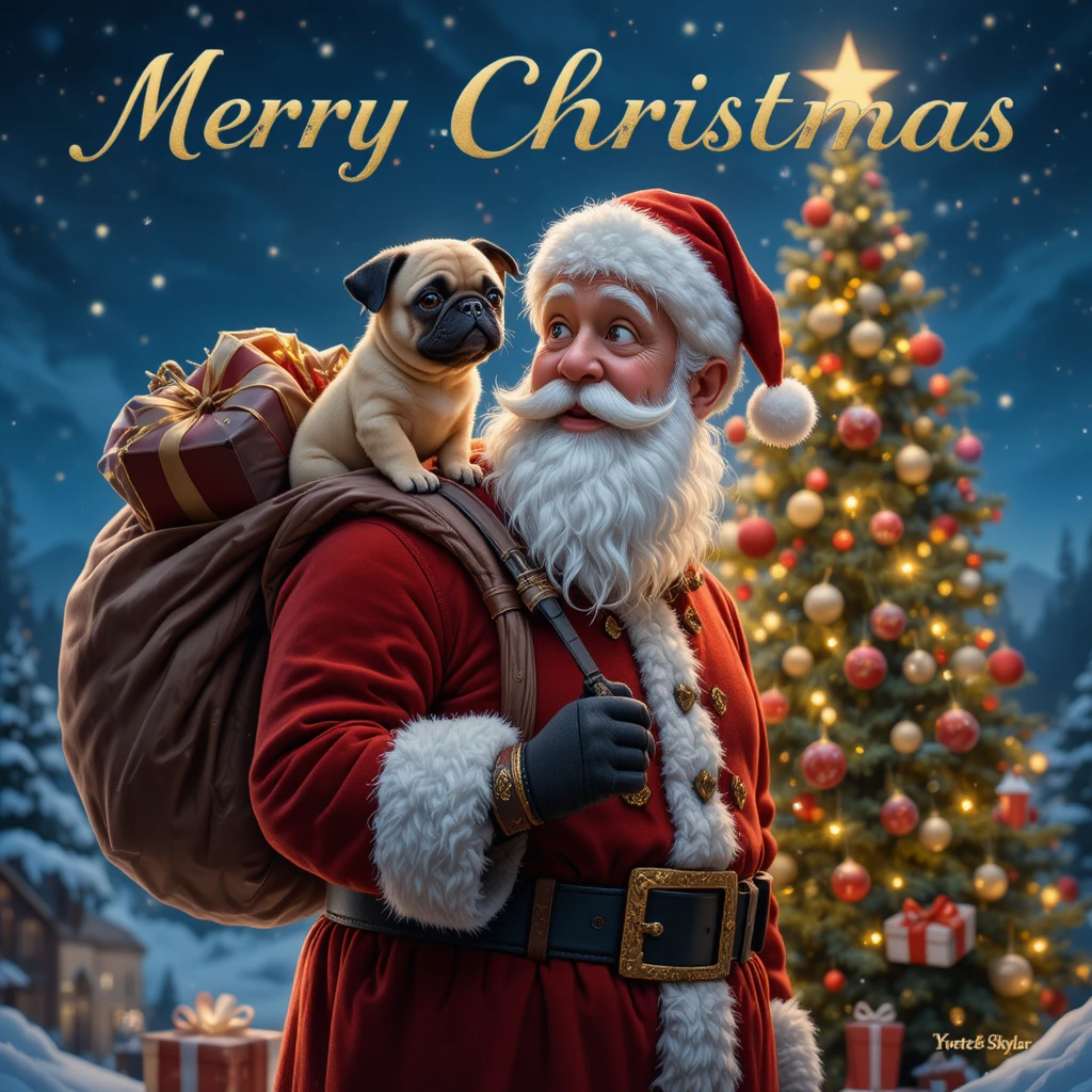 Papai Noel em desenho animado segurando pug ao lado de árvore de Natal decorada