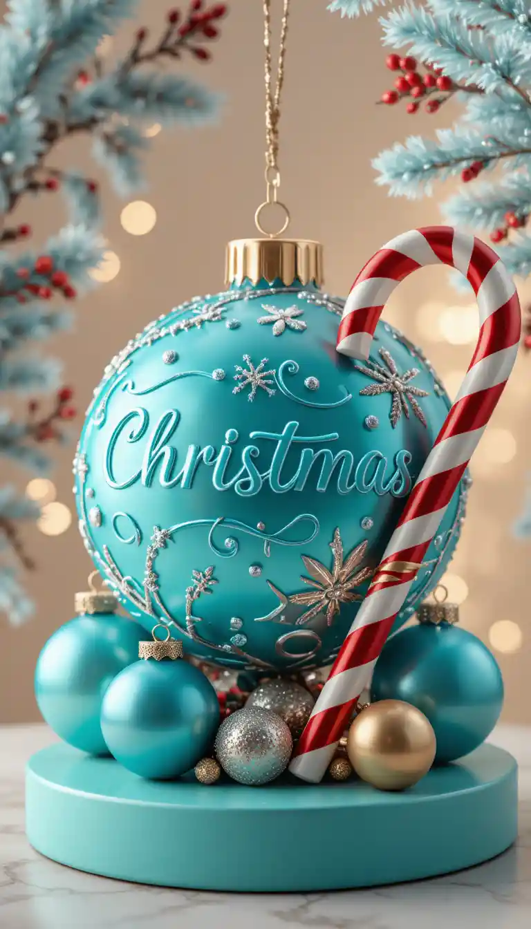Turquoise Christmas bauble with candy cane and berries