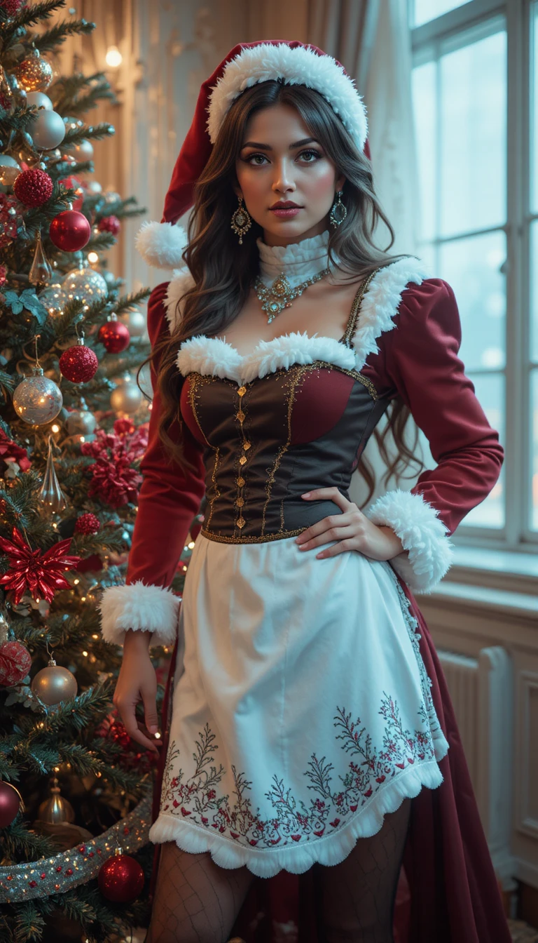 Seductive Mrs Claus Costume Pose Beside Decorated Christmas Tree