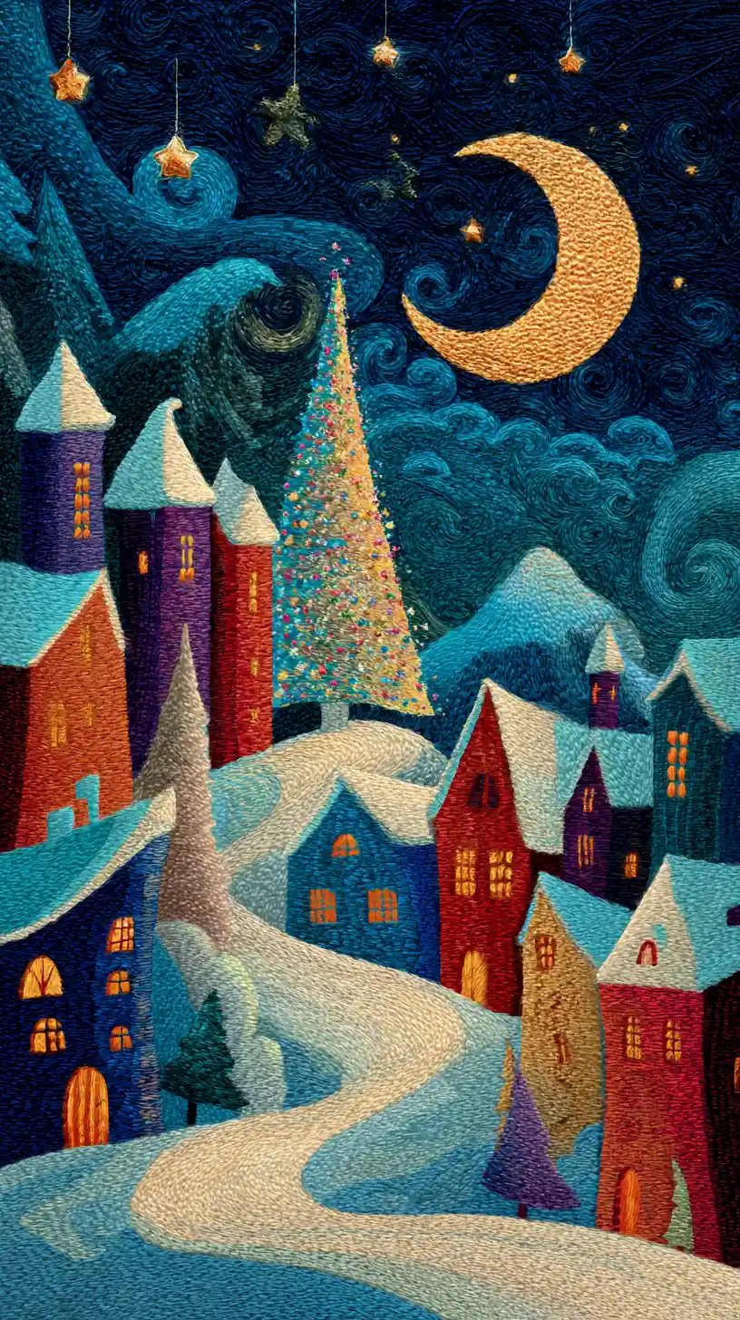 Magical winter village with Christmas tree under crescent moon