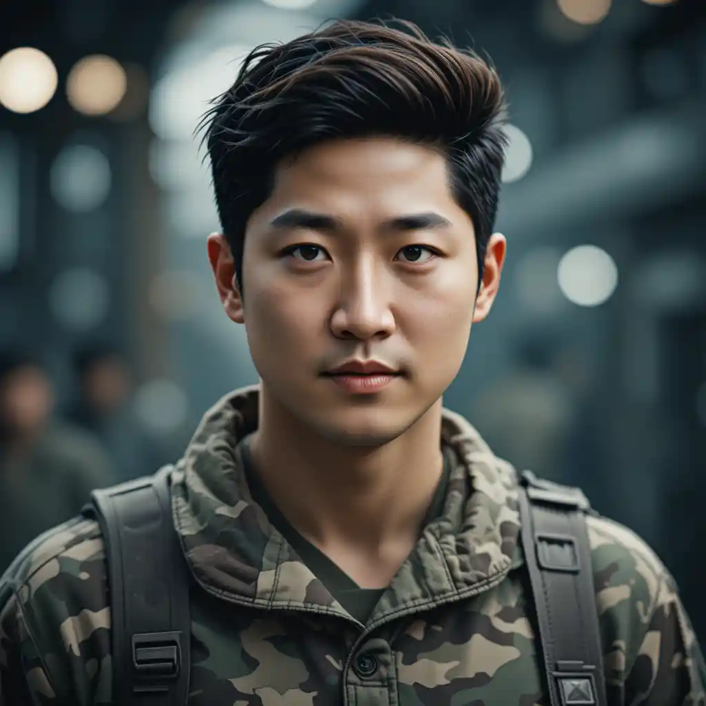 Asian warrior man in camouflage with intense cinematic lighting