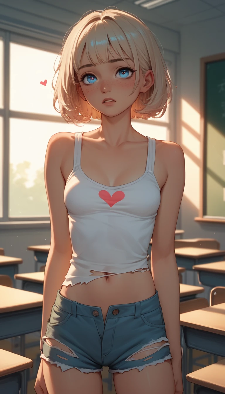 Melancholic anime schoolgirl standing in a dim classroom