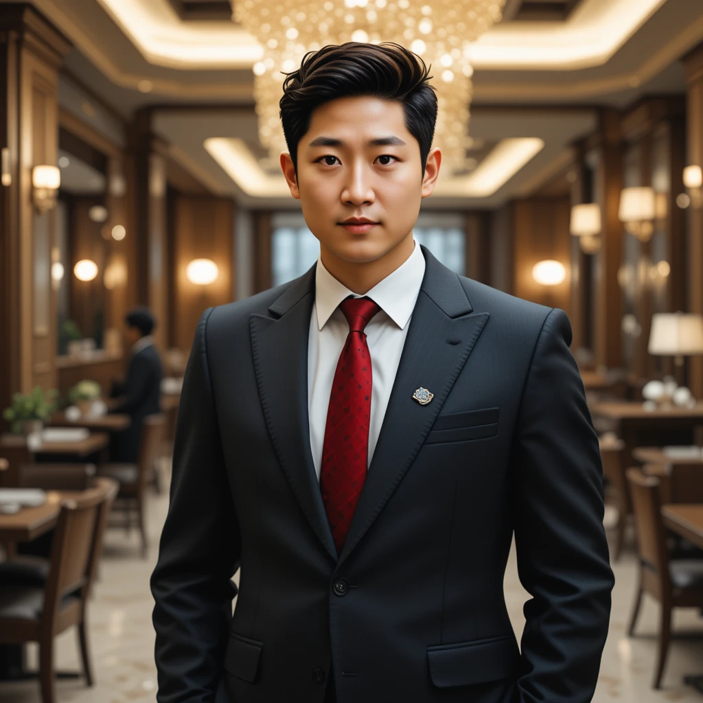 검은 수트를 입은 아시아 남성이 극적인 레스토랑 로비에 서 있는 모습