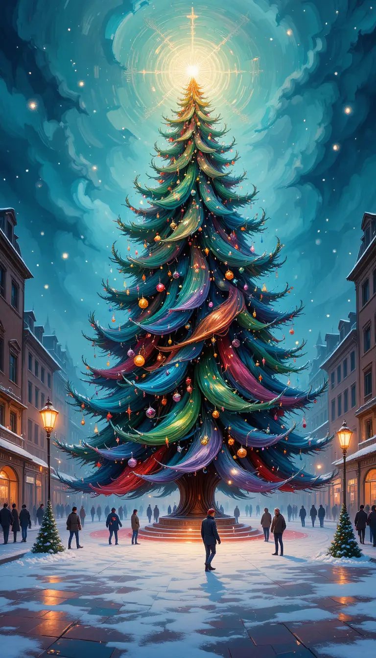 Abstract glowing christmas tree in a snowy town square