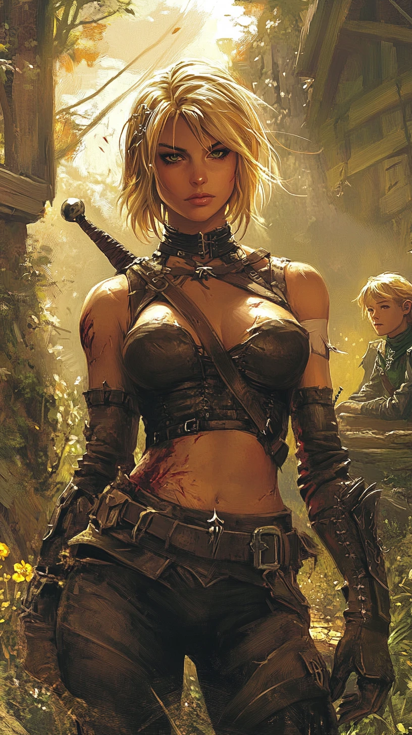 Determined blonde warrior among ruins in village sunlight