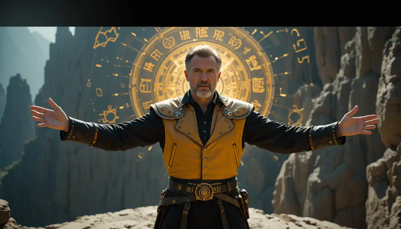 Solemn fantasy warrior with golden halo on cliff edge