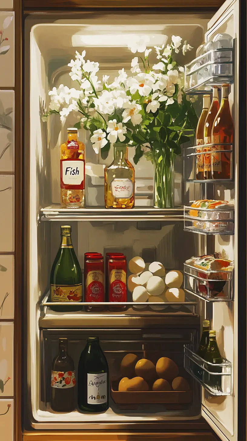 Cozy view inside a stylish soviet refrigerator with flowers