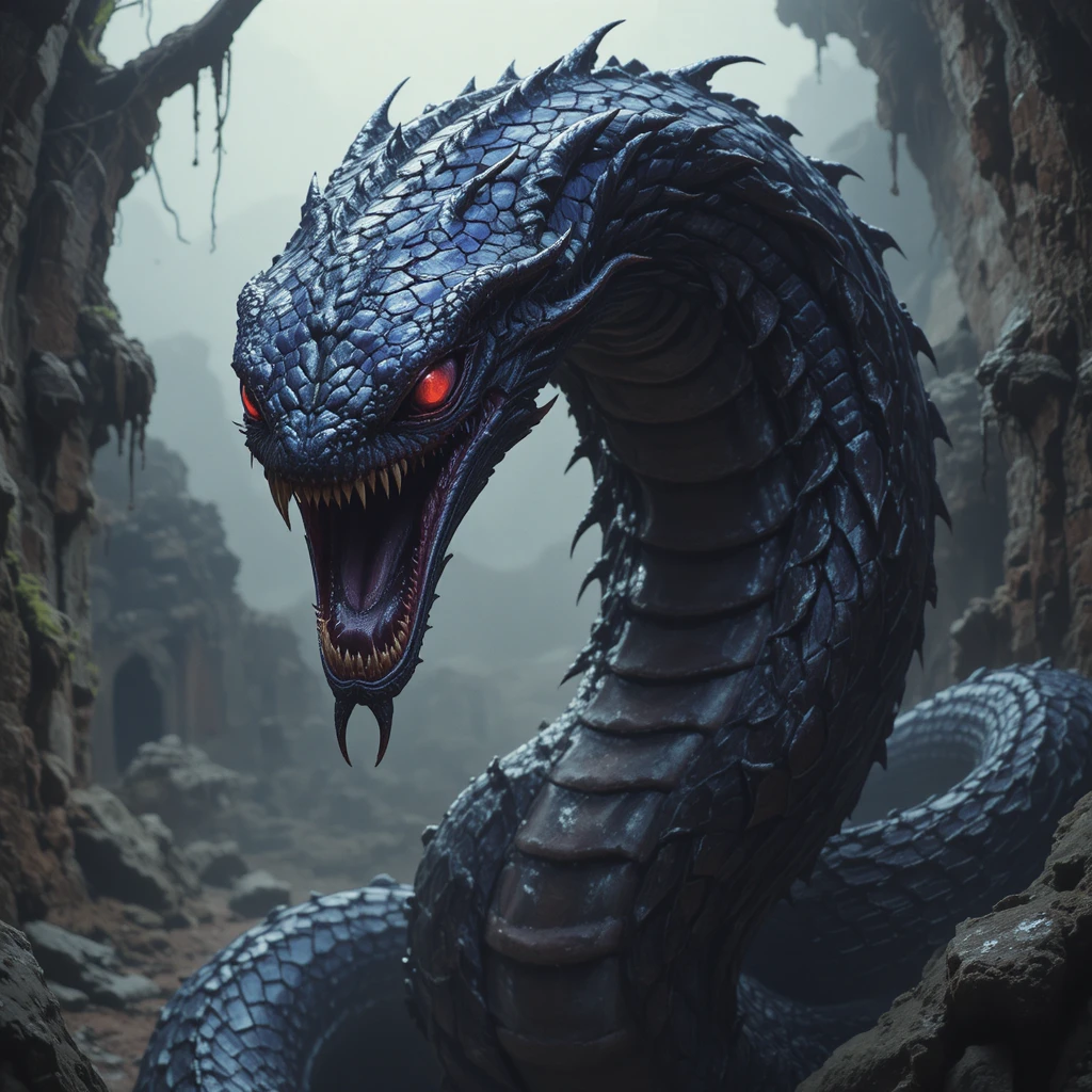 Giant Evil King Cobra With Red Eyes In Fantasy Style