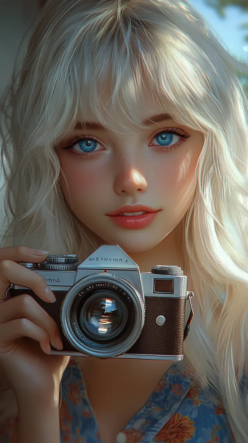 Anime girl with camera and blue eyes in soft daylight