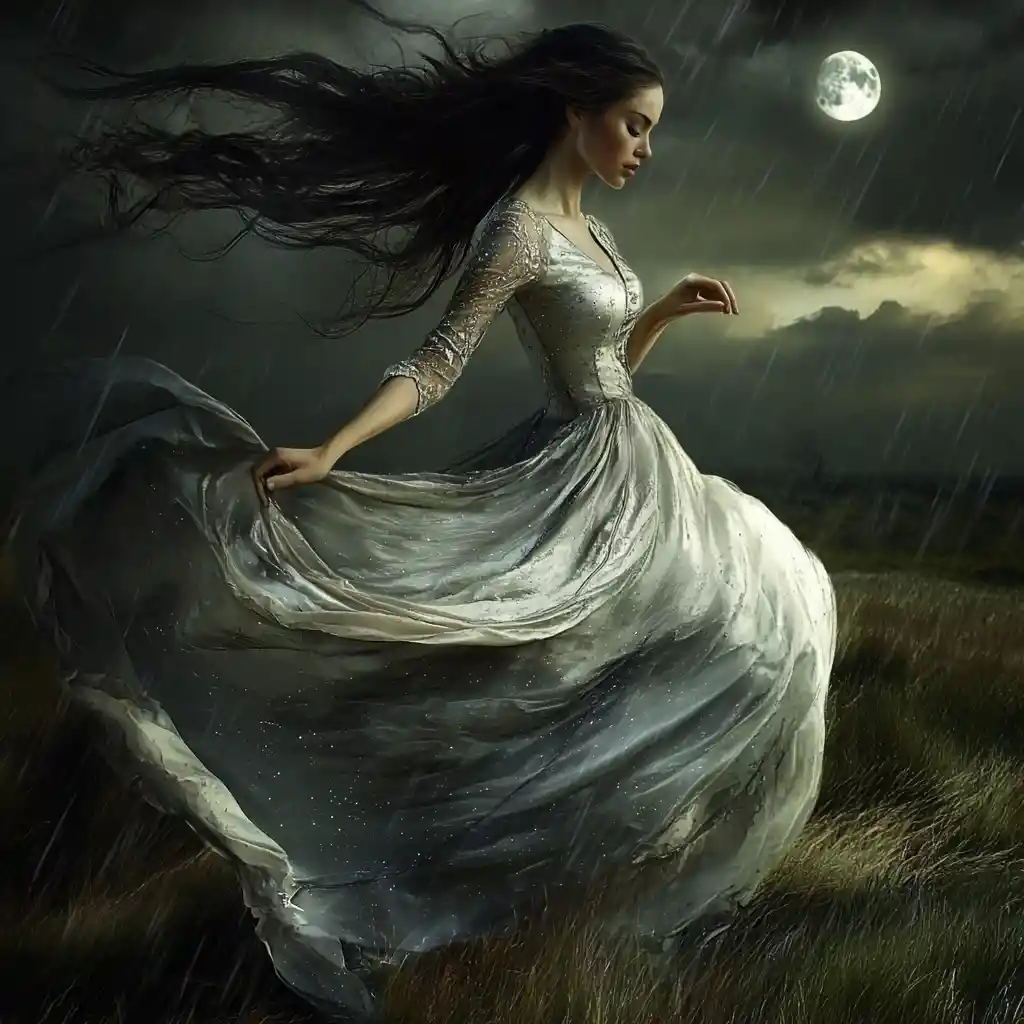 Elegant woman dancing alone on a moonlit rainy hill