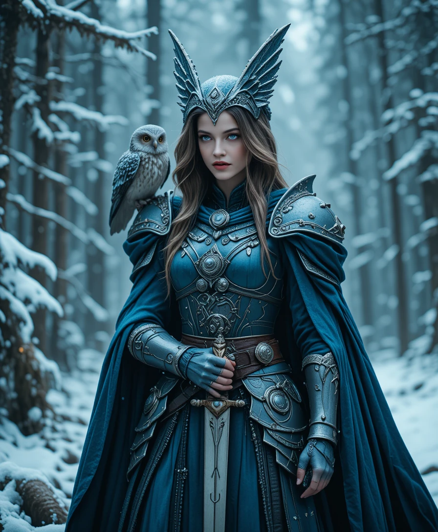 Fantasy-Kriegerkönigin in Rüstung mit Eule im verschneiten Wald