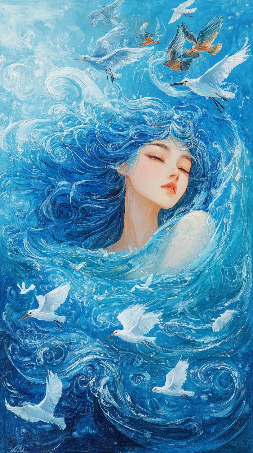 Woman Combing Blue Hair Merging With A Serene Sea