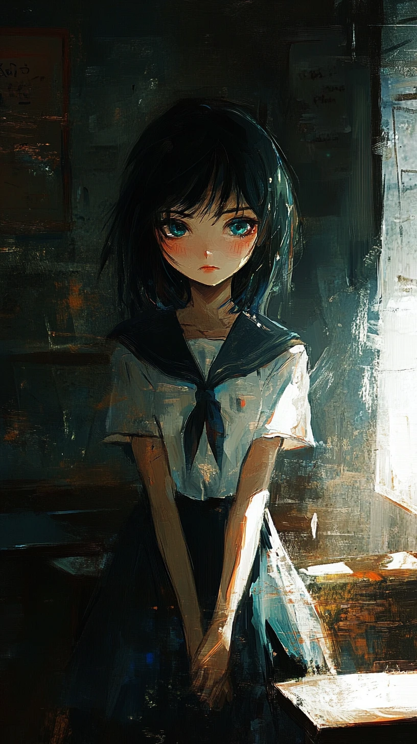 Melancholisches Anime-Schoolgirl in einem schwach beleuchteten Klassenzimmer