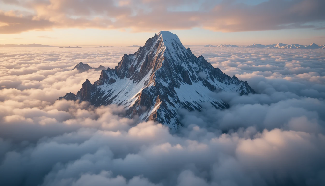Schneebedeckter Gipfel ragt über wirbelnde Wolken empor