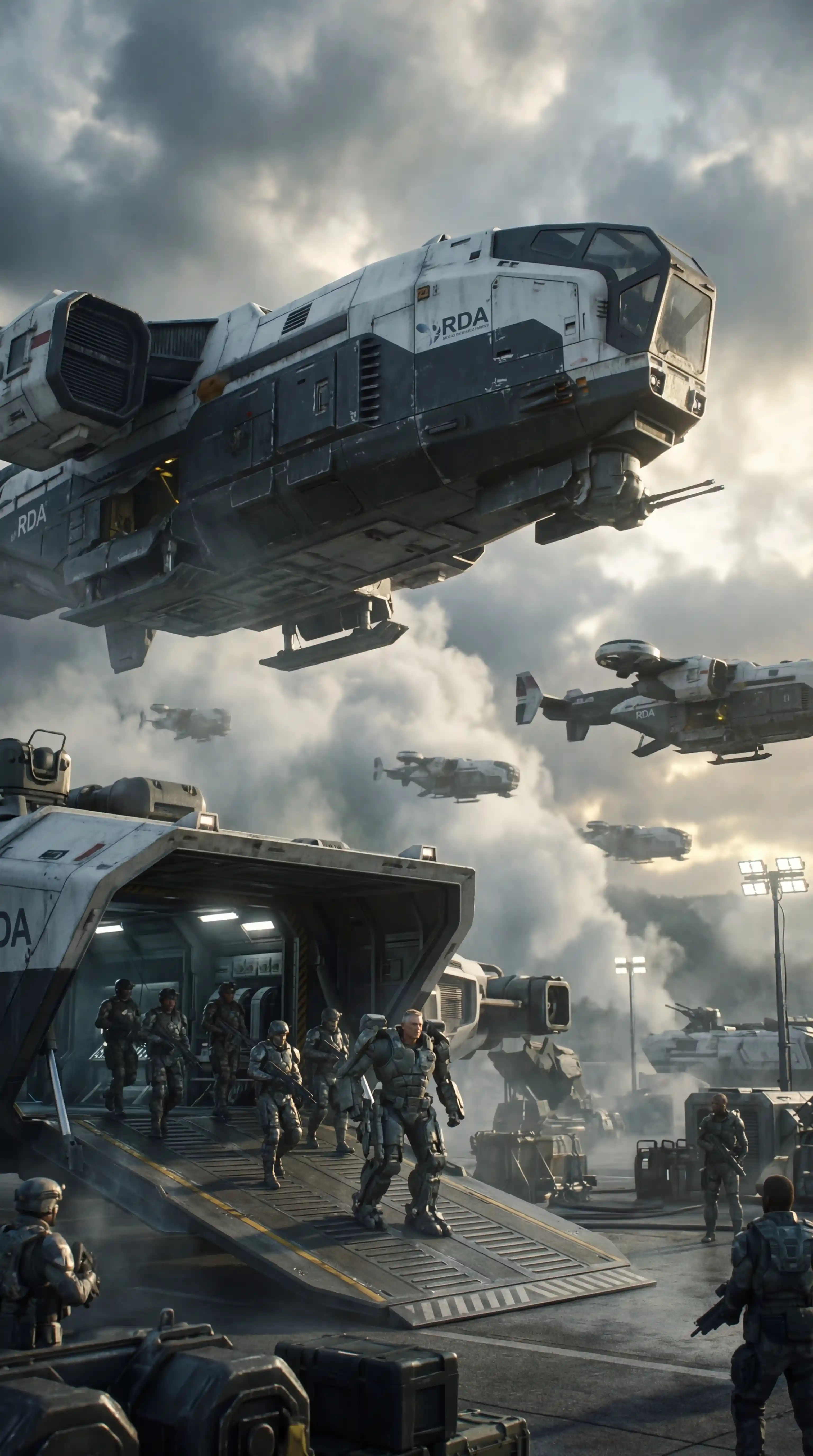 Enorme nave de desembarco de ciencia ficción sobrevolando una base de aterrizaje futurista