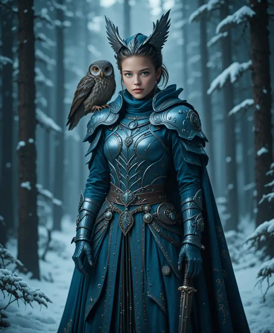 Fantasy warrior queen in a misty snowy forest portrait