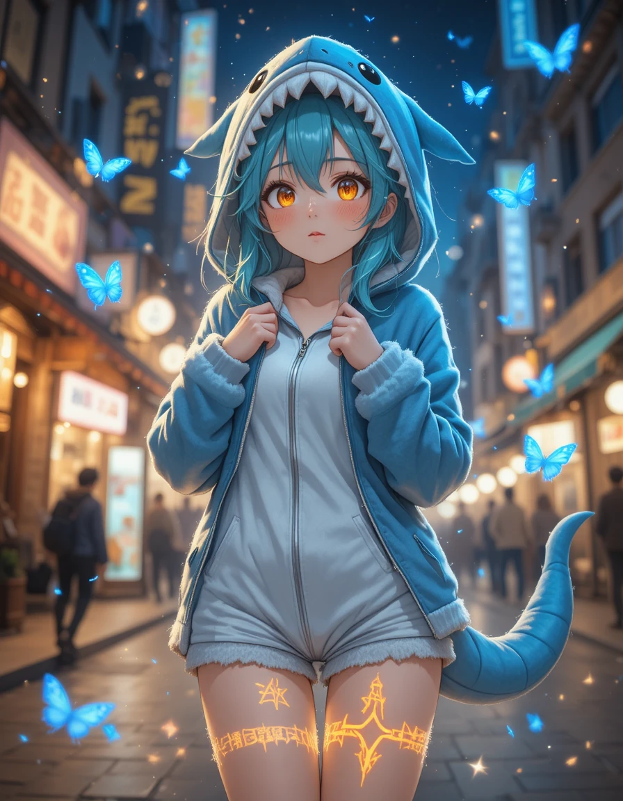 Shy anime girl in shark hoodie under glowing city lights
