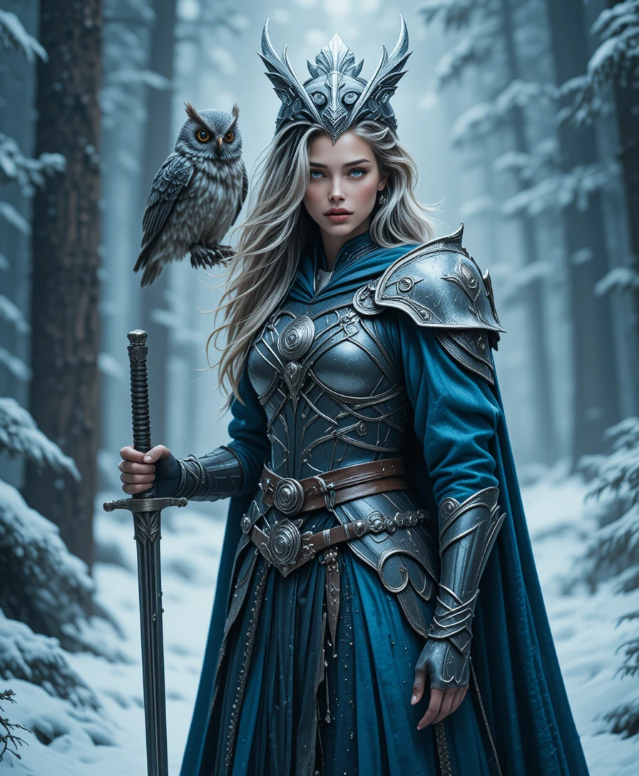 Reine guerrière fantastique en armure dans une forêt enneigée et brumeuse