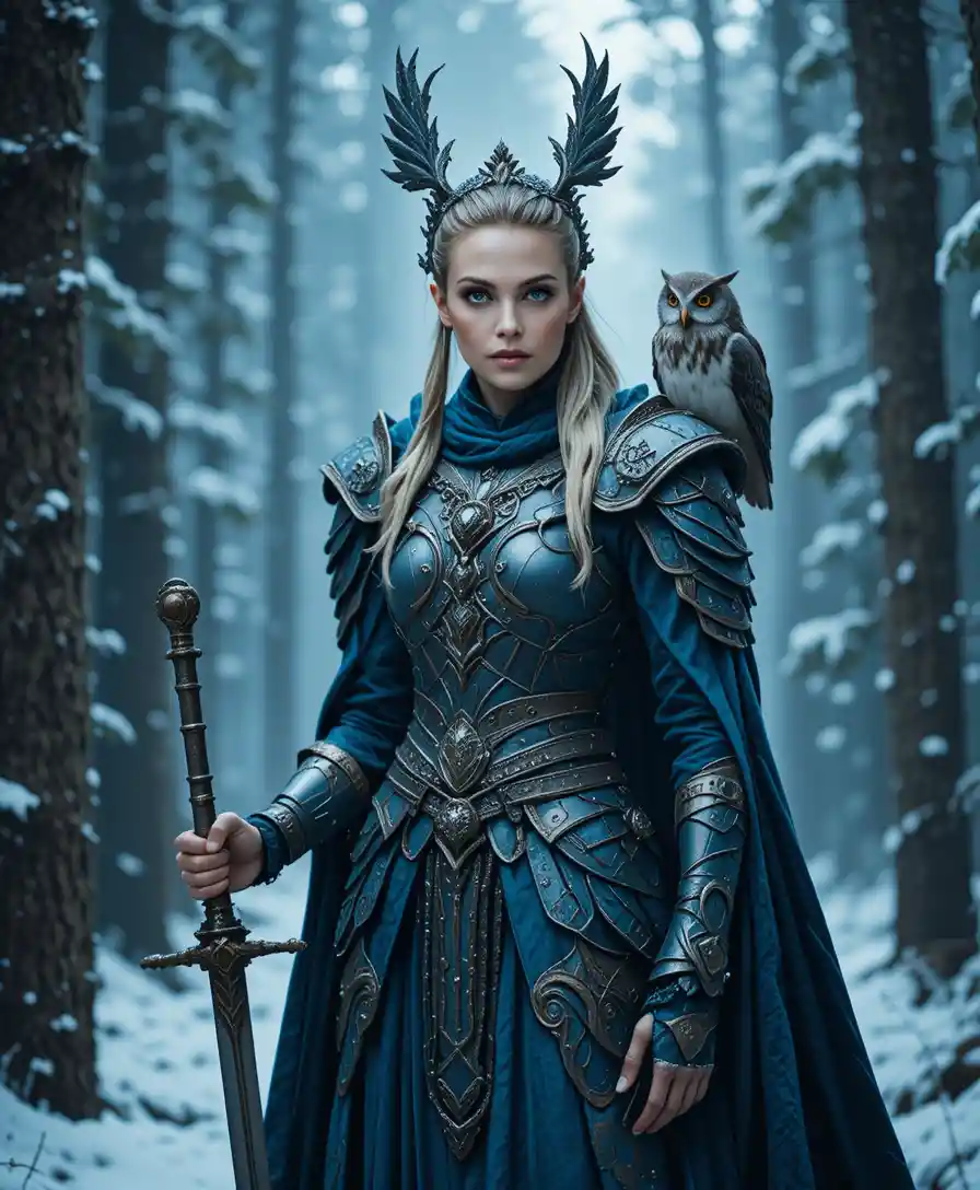 Regina guerriera fantasy nella foresta coronata da gufi delle nevi
