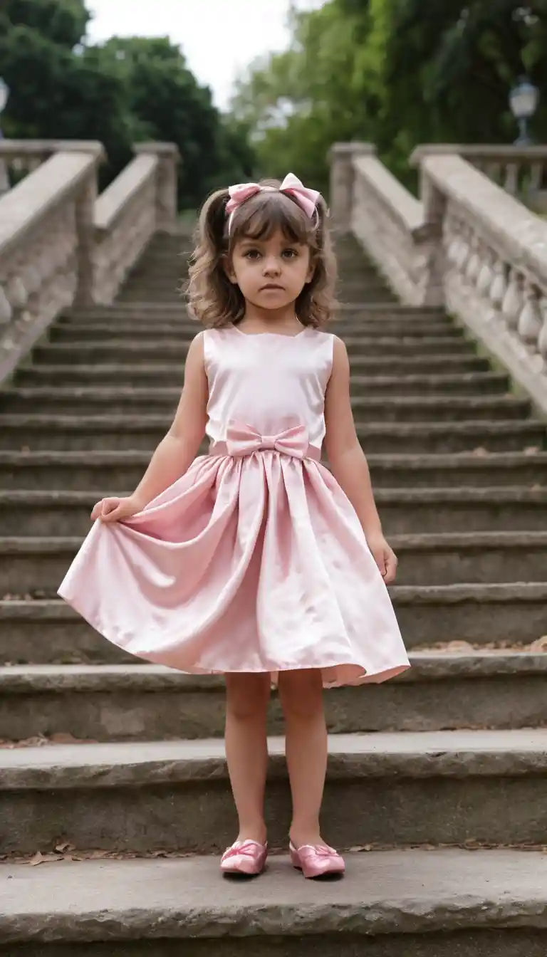 Young girl in pink satin dress on stone park stairs