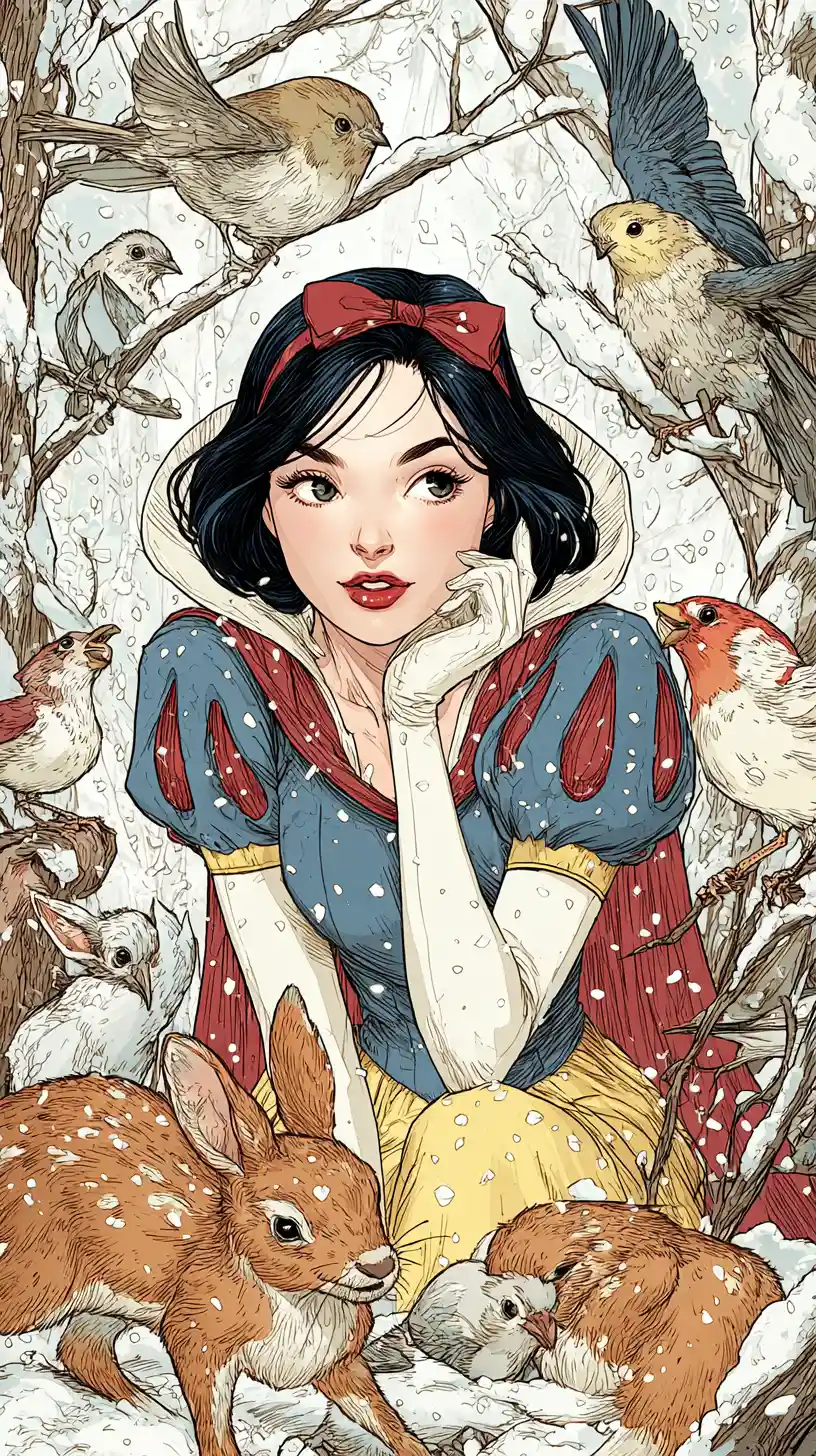 Modern fantasy girl in a snowy world with animals