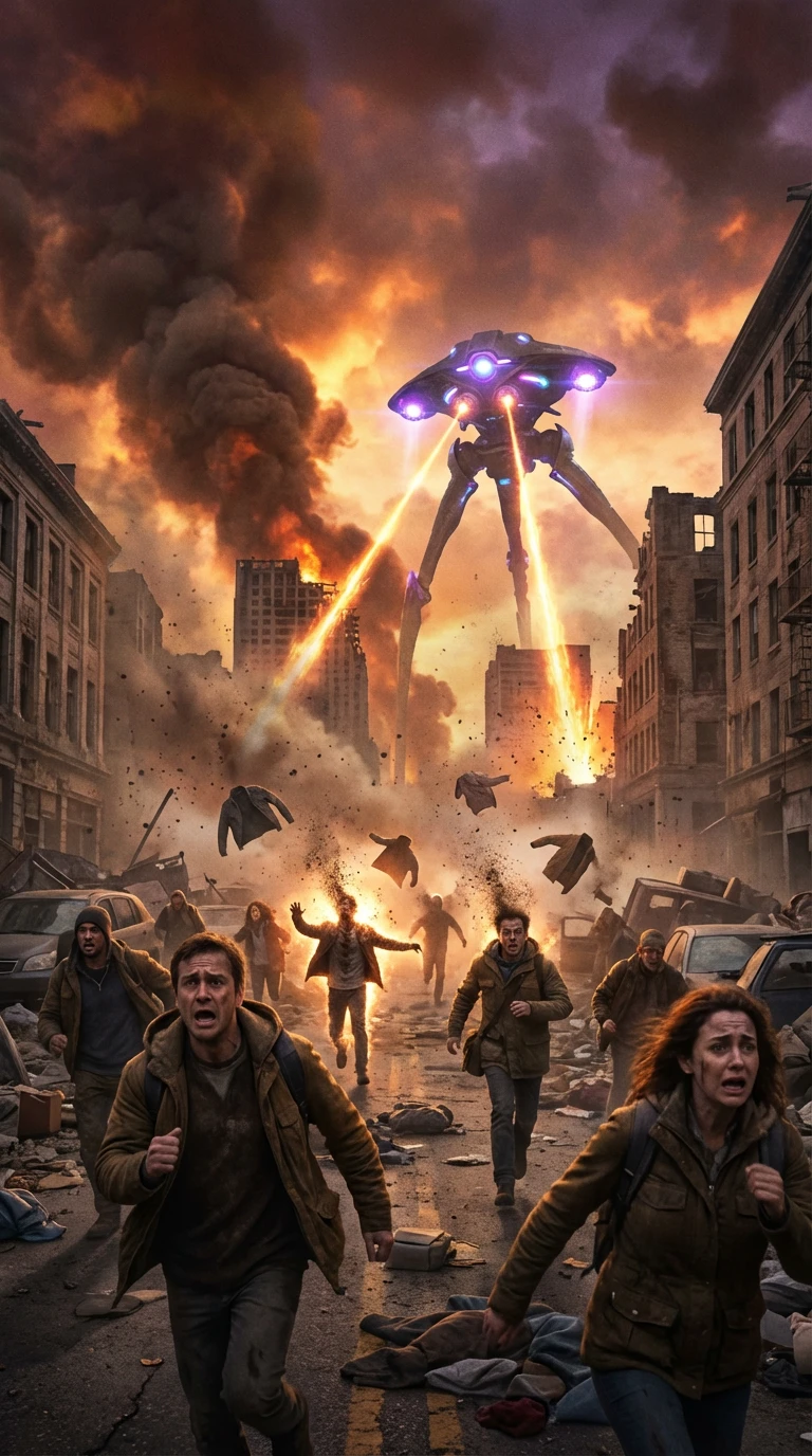 Terrified Crowd Fleeing A Towering Alien Tripod Attack