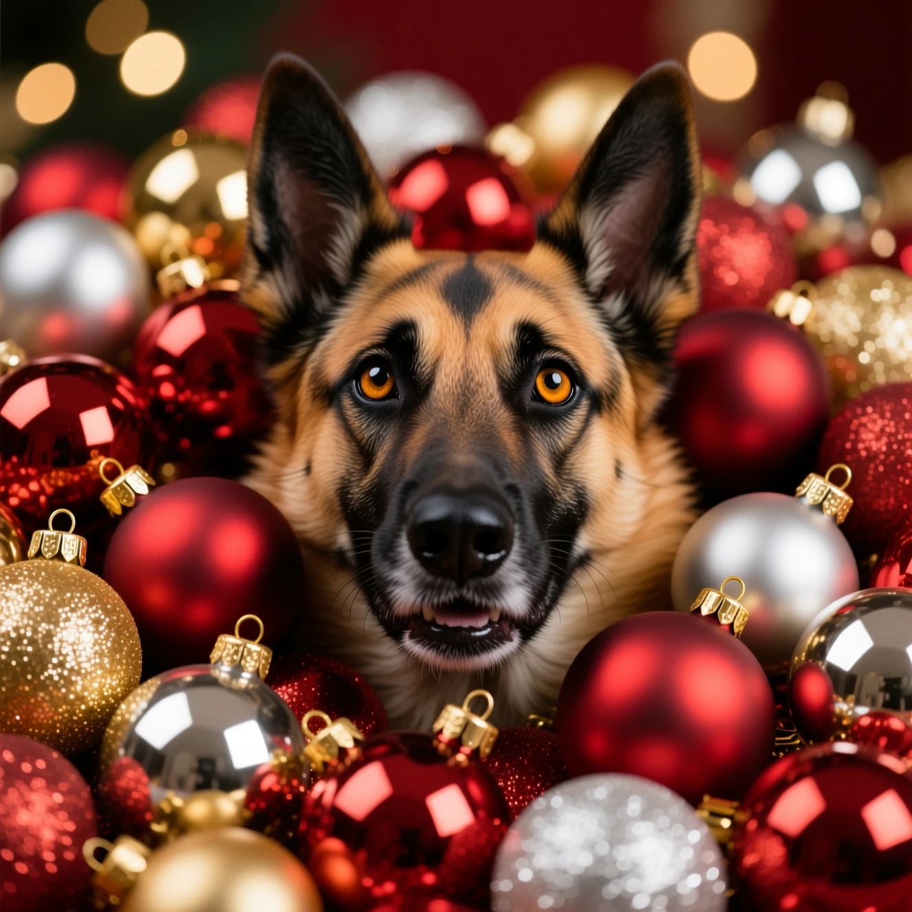 Rosto de Belgian Malinois entre enfeites de Natal brilhantes