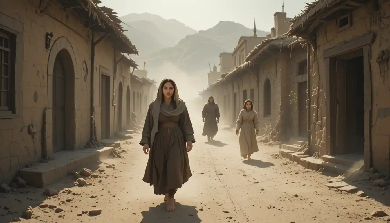 Widow striding through dusty biblical village in harsh sunlight