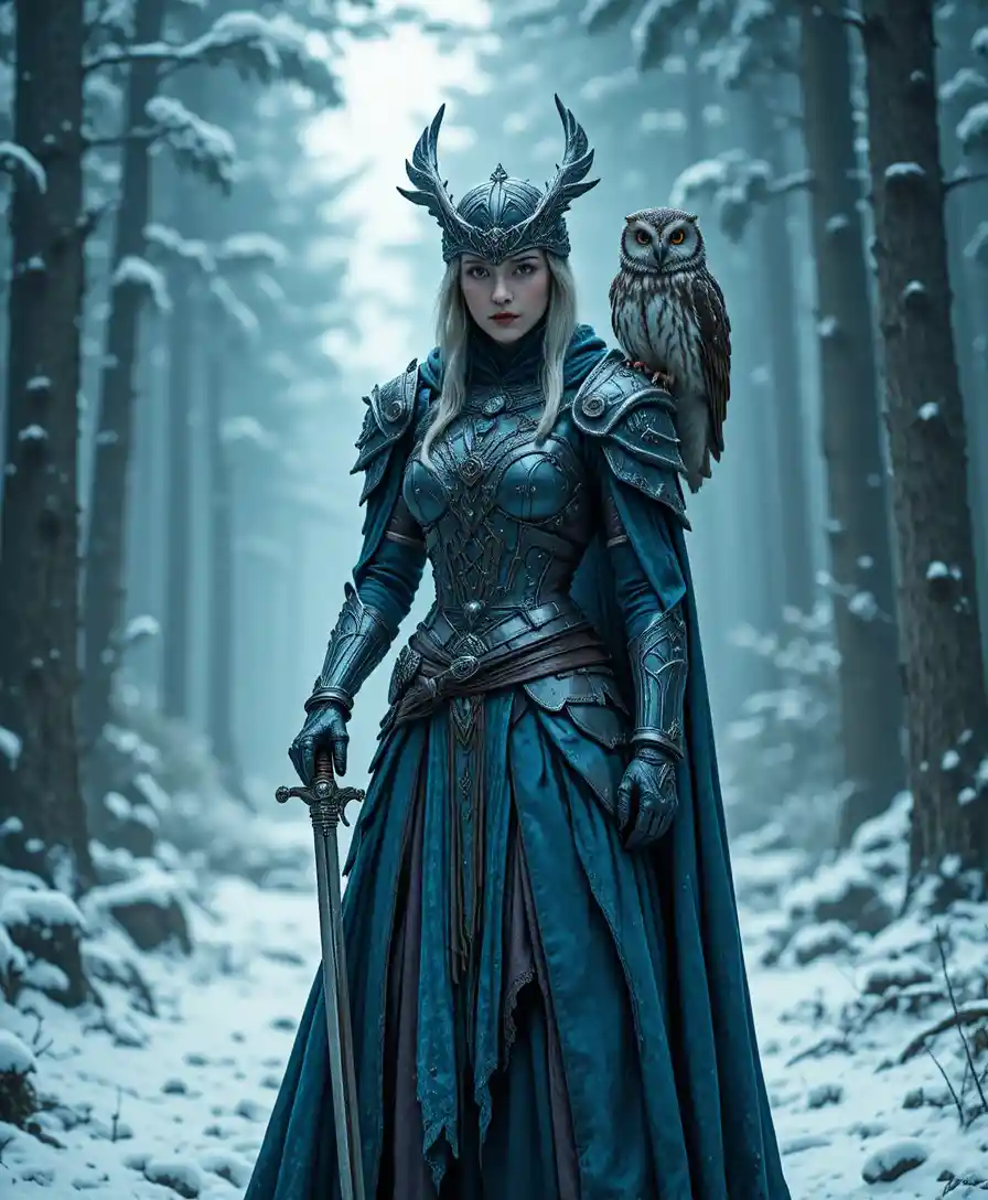 雪の森でフクロウと佇む甲冑のファンタジー女王戦士