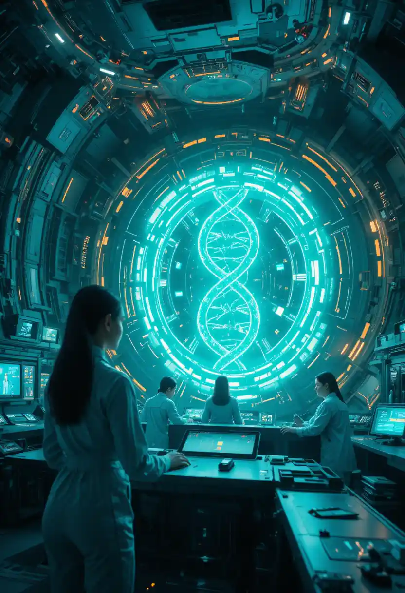 Nahaufnahme Sci-Fi-Labor mit holografischem DNA-Kontrollpanel