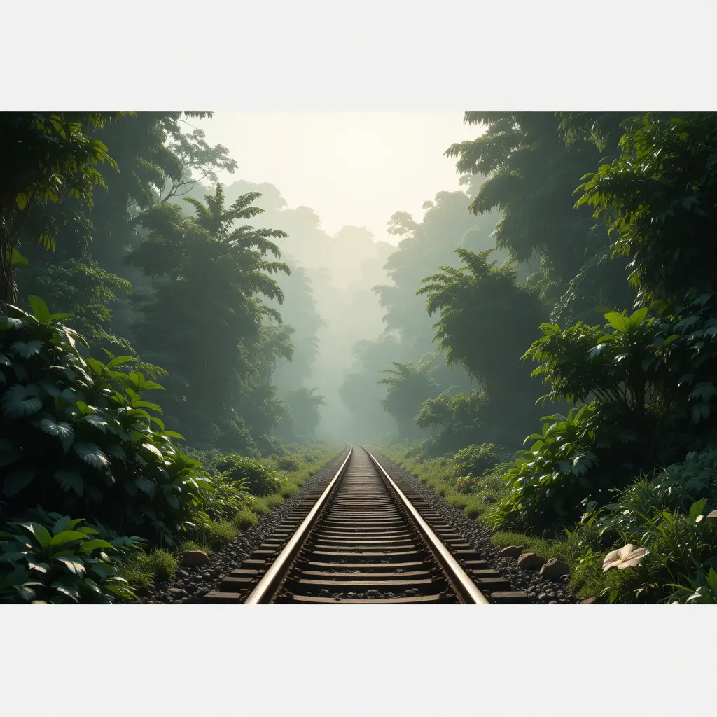 Misty jungle railway cutting through dense green forest