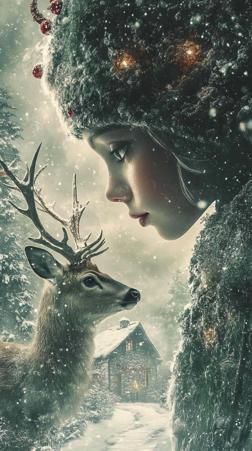 Christmas elf and deer fused in a dreamy forest scene