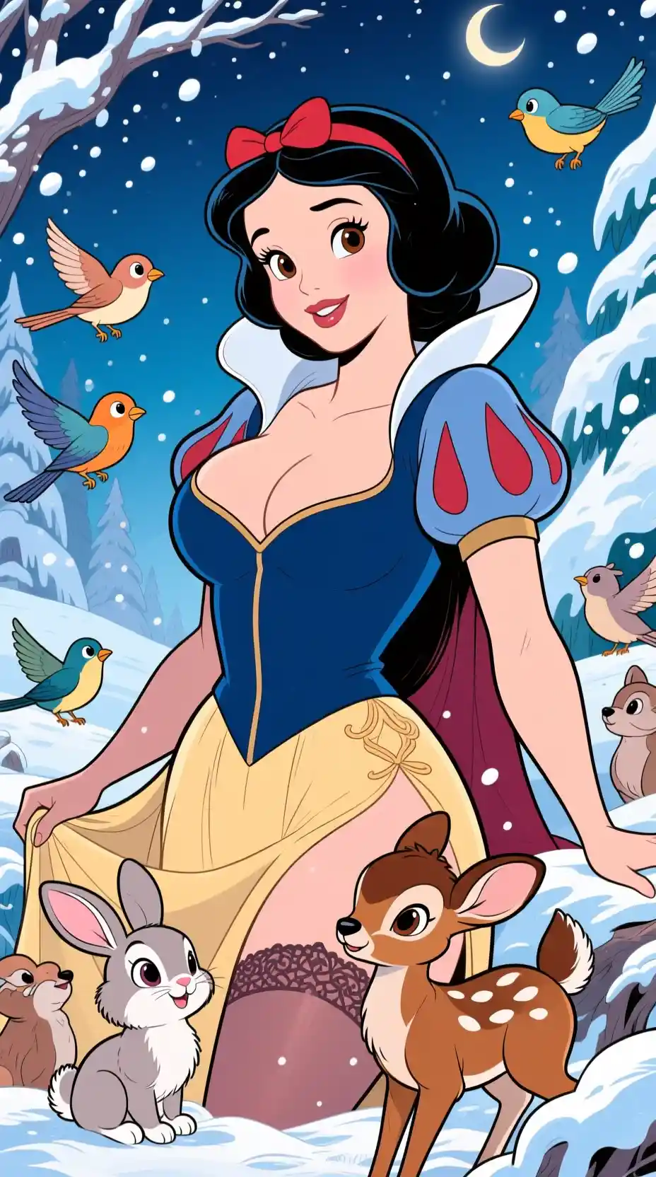 Donna fantasy in un mondo innevato con piccoli animali del bosco