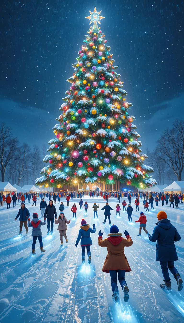 Families skating on a sparkling outdoor rink at christmas night