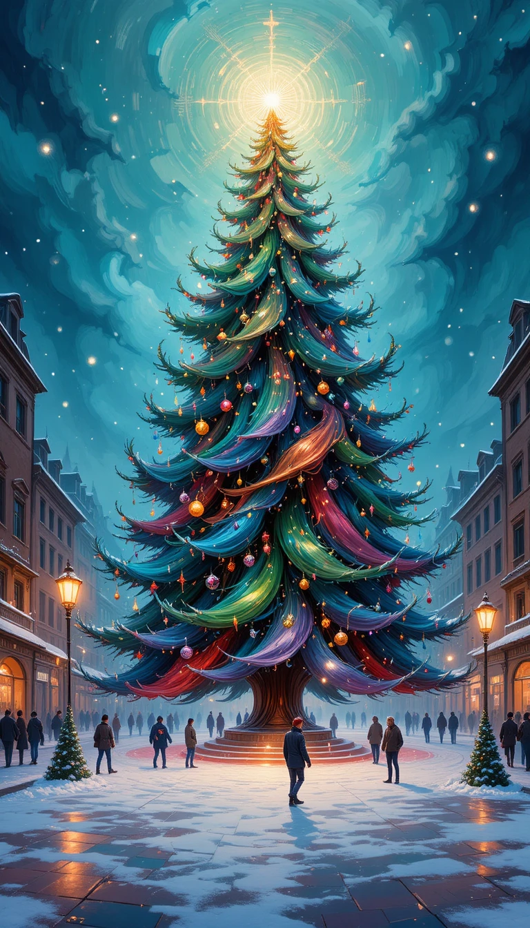 Abstract glowing christmas tree in a snowy town square