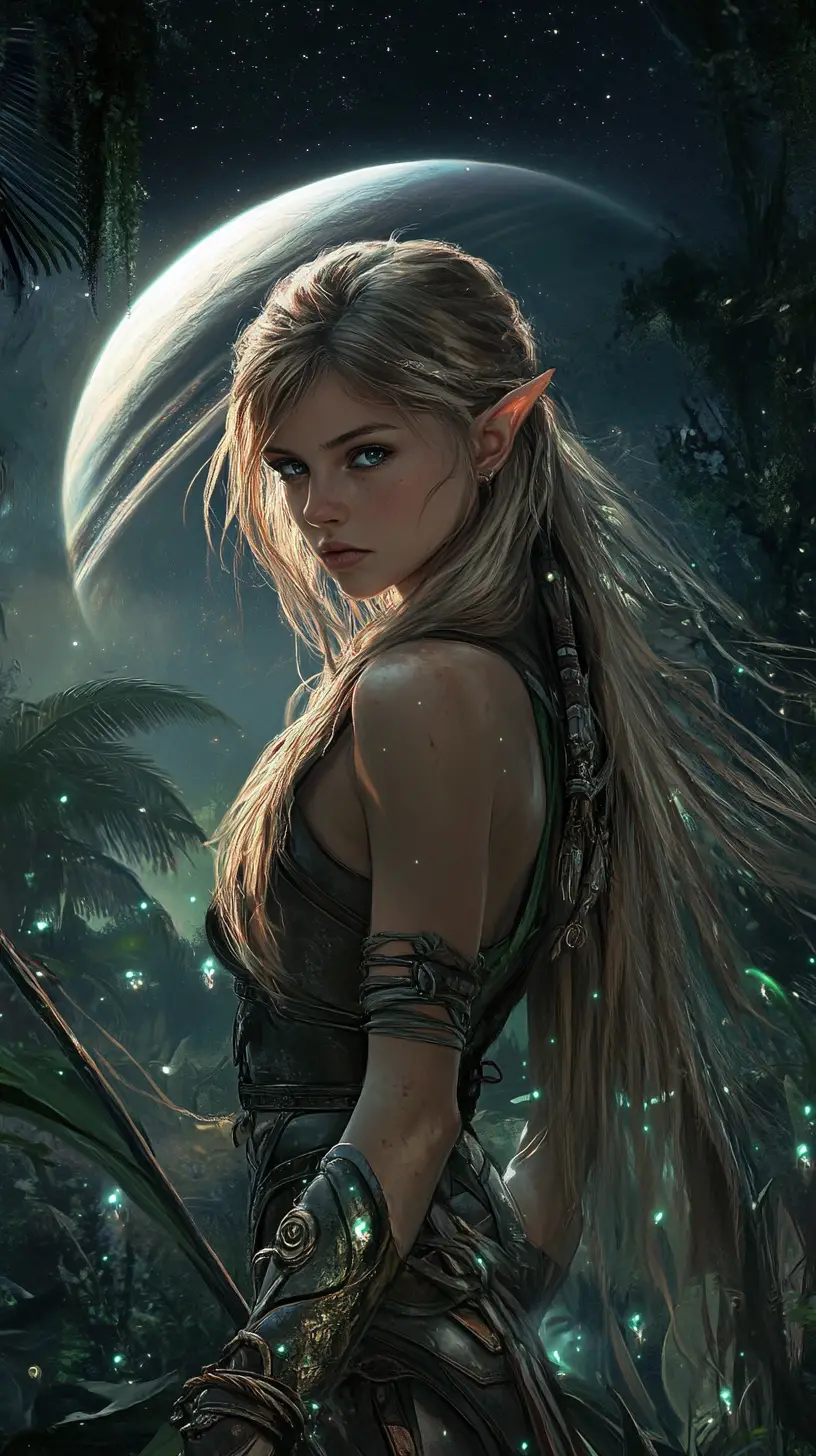 Nordic warrior woman in glowing alien jungle night