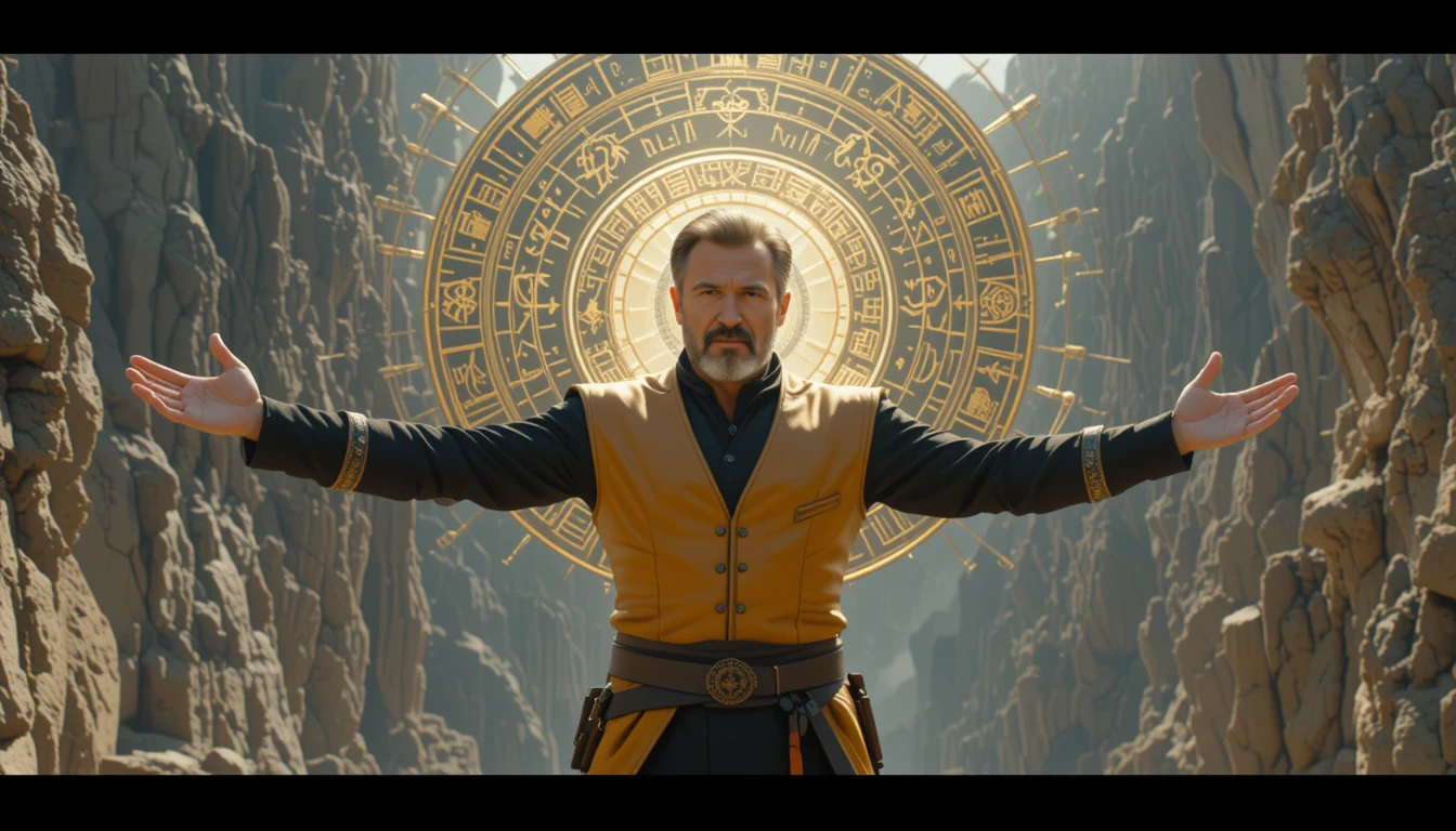 Solemn warrior stands on cliff with radiant golden sigil