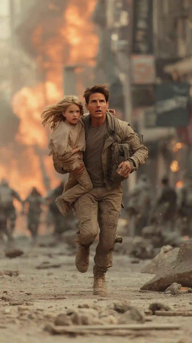 Terrified father running with children through burning city streets