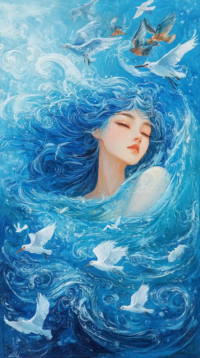 Woman Combing Blue Hair Merging With A Serene Sea