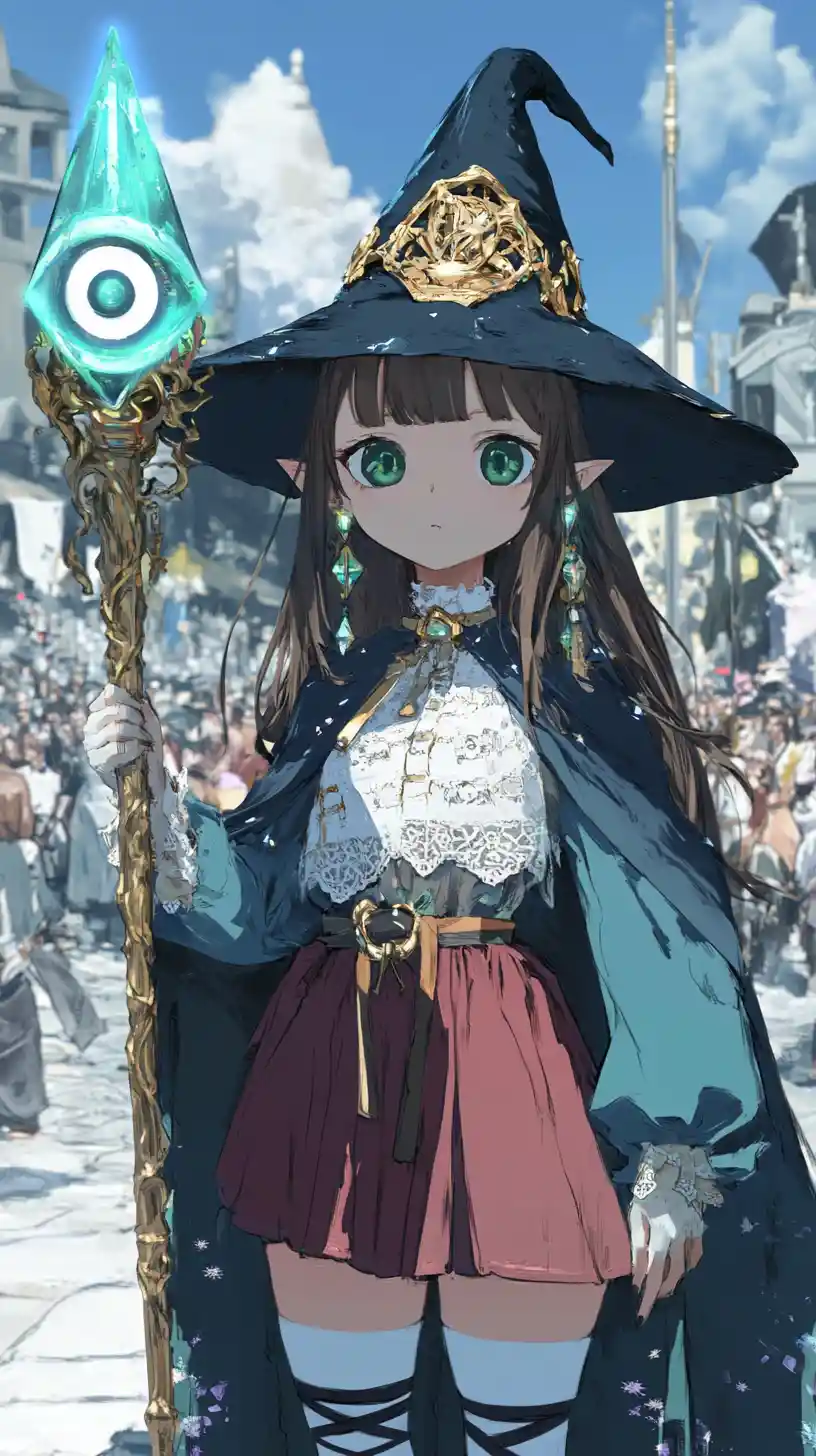 Anime witch girl at a busy fantasy port city