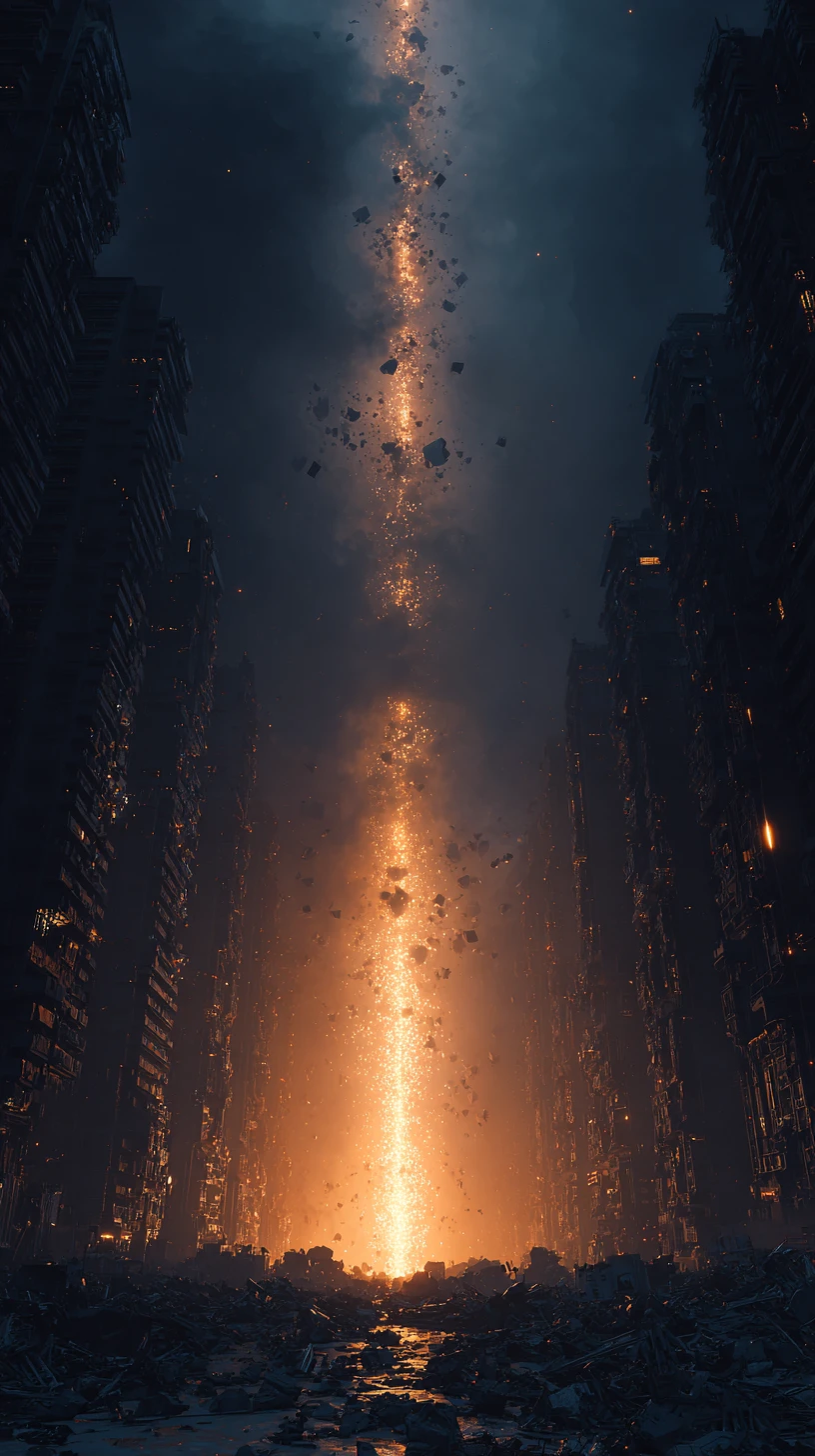 Alien energy beam disintegrating crowds in apocalyptic city