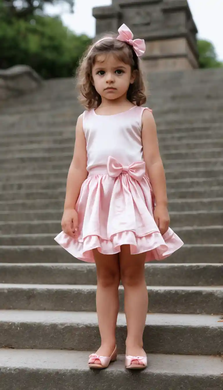 Mädchen im rosa Kleid steigt draußen Steinstufen hinauf