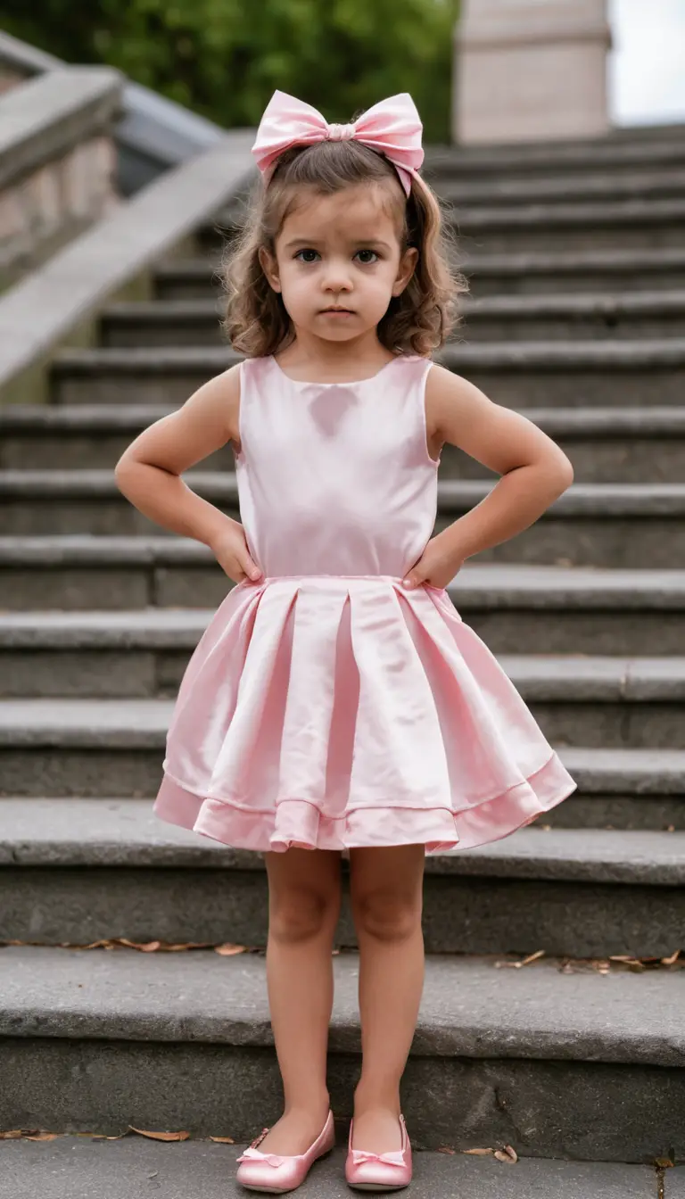Young girl in pink dress climbing stone steps outdoors