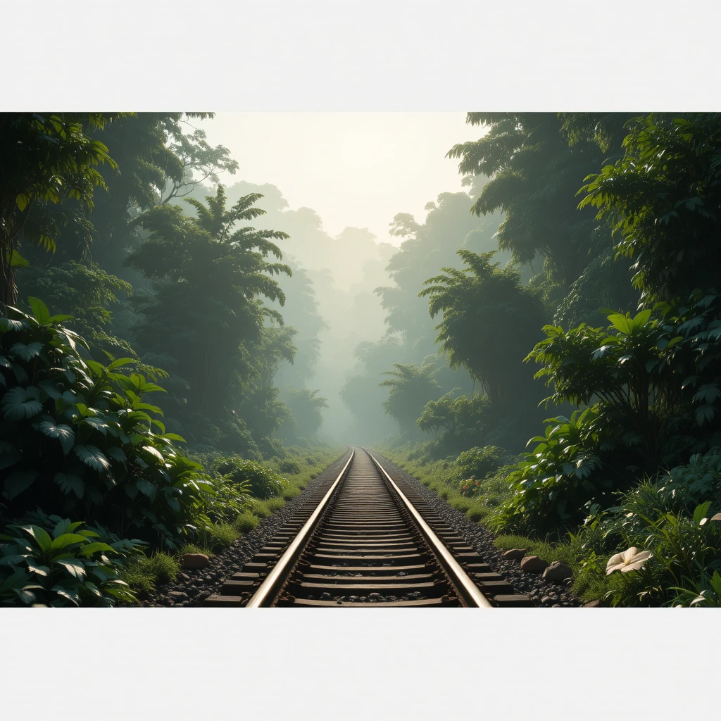 Misty jungle railway cutting through dense green forest