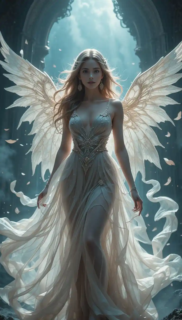 Angelic fantasy woman emerging from a dreamlike world